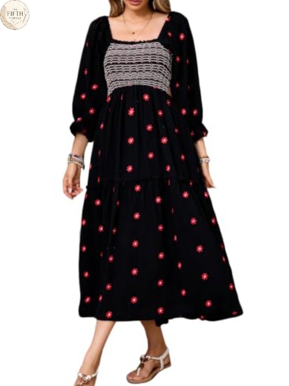 Floral Embroidered Cotton Boho Midi Dress with Pockets